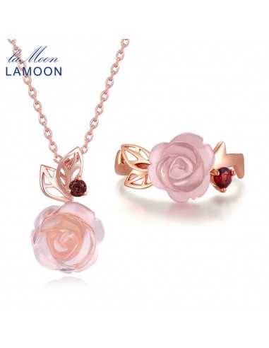 Sterling Silver Pink Rose Quartz FlowerRose Jewelry Set for Women de France