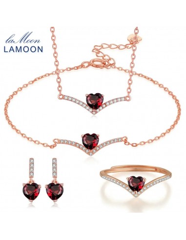 Sterling Silver 925 Red Garnet Heart Pendant Necklace Set For Women brillant des détails fins