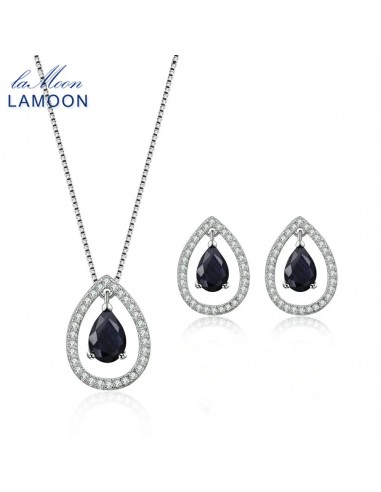 925 Sterling Silver Natural Sapphire Water Drop Necklace Earrings Set for Women shop