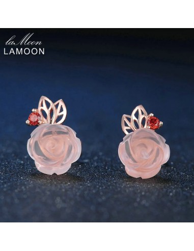 Sterling Silver Natural Rose Quartz Rose Flower Stud Earrings for Women en linge