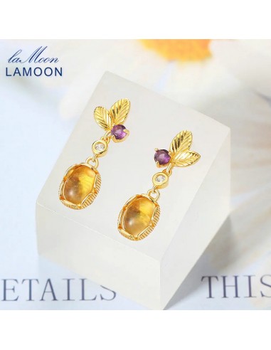 Sterling Silver Citrine Drop Earrings Leaf Shape for Women brillant des détails fins