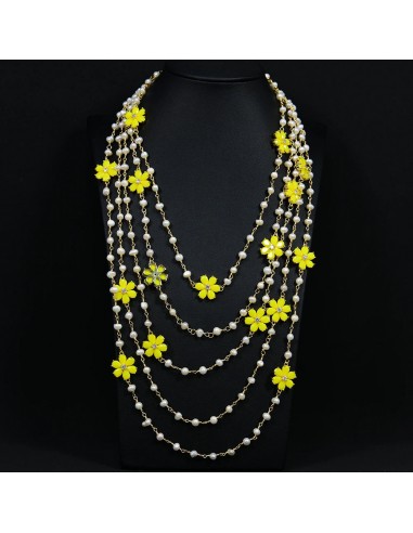 Gold Plated White Pearl 5 Rows Necklace with Yellow Jade Crystal Flower Connector for Women Economisez 