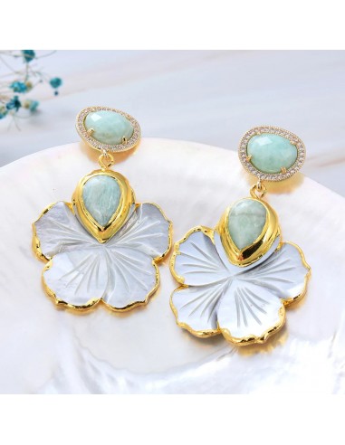 Sterling Silver Natural White Shell Mother of Pearl ~0.25 ctw Carved Flower Amazonite CZ Paved Stud Earrings for Women store