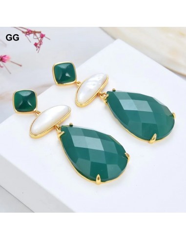 Gold Plated Geometric Natural Green Agate and White Shell Stud Earrings for Lady une grave pollution 