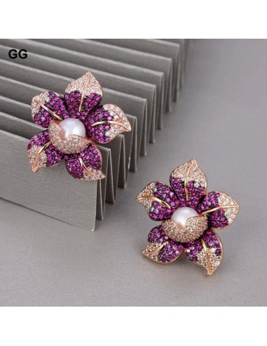 Rose Gold Plated White Pearl & Cubic Zirconia Flower Stud Earrings for Women commande en ligne