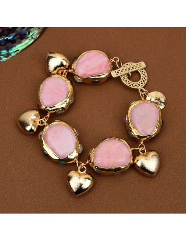 Gold Plated Multi Quartz Rhodochrosite Heart Charms Bracelet for Women Paris Déstockage Promo