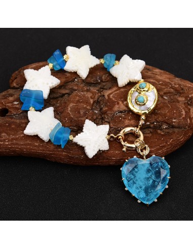 Gold Plated Bracelet with White Sea Shell, Freshwater Pearl, Starfish, Turquoise & Blue Quartz Pendant Fin de série