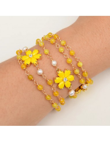 Silver 8'' Natural White Pearl, Lemon Quartz, Yellow Jade Crystal Pave Flower Wrap Bracelet for Lady suggérées chez