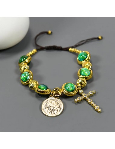 Gold Plated Green Murano Glass Cross & Coin Charm Bracelet for Women pas cheres