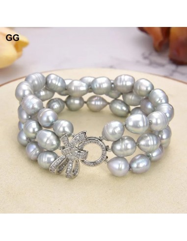 Sterling Silver Natural Gray Rice Pearl Bracelet 8'' CZ Paved Flower Clasp for Women Venez découvrir notre 