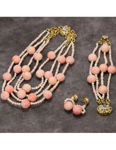 Sterling Silver Natural White Pearl Pink Coral Beaded Necklace Bracelet Earrings Sets for Lady l'évolution des habitudes 