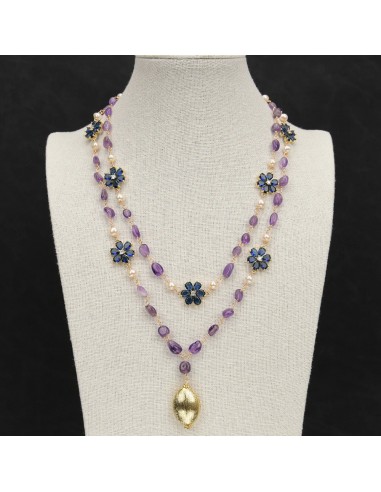 Sterling Silver Natural White Pearl, Purple Amethyst, Blue Crystal Flower Crystal Paved Pendant for Women outlet