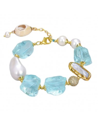 Gold Plated Cultured White Keshi Pearl Biwa Pearl Blue Glass Bracelet for Women Dans la société mordern