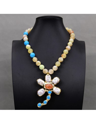 Gold Fire Agate Blue Turquoise Choker Necklace with Keshi Pearl Flower Pendant for Women shop