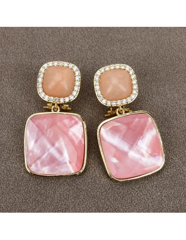 Sterling Silver Natural Pink Sea Shell Pearl & Pink Aventurine CZ Square Drop Earrings for Women le des métaux précieux