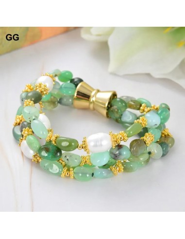 Gold-plated Chrysoprase Cultured Rice Pearl Bracelet 8.5'' for Women en linge