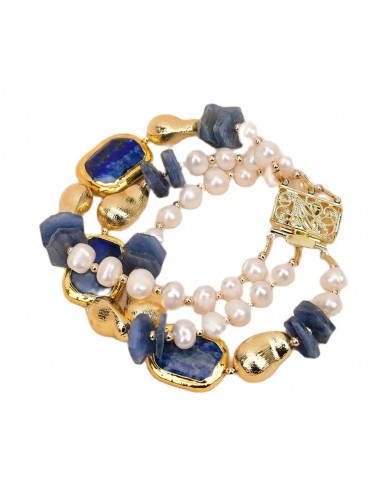 Gold Plated Kyanite, Pearl & Lapis Lazuli Bracelet for Lady pas cher 