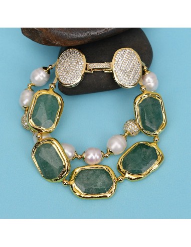 Sterling Silver Green Strawberry Quartz Bracelet 2 Rows with Gold Pear Edge Accents. for Women pour bénéficier 