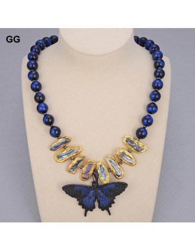 Gold Natural Blue Tiger Eye, Black Biwa Pearl & CZ Butterfly Pendant Necklace for Women Comparez plus de prix