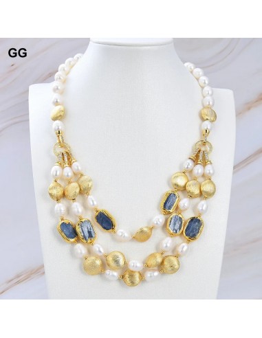 Gold Plated Freshwater Cultured White Rice Pearl Blue Kyanite Choker Necklace for Women prix