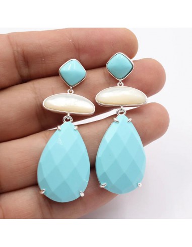 Sterling Silver Natural White Shell Blue Turquoise Dangle Stud Earrings for Women Pour