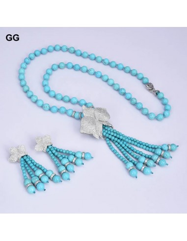 Sterling Silver Blue Turquoise Cubic Zirconia Flower Tassel Set For Women la livraison gratuite