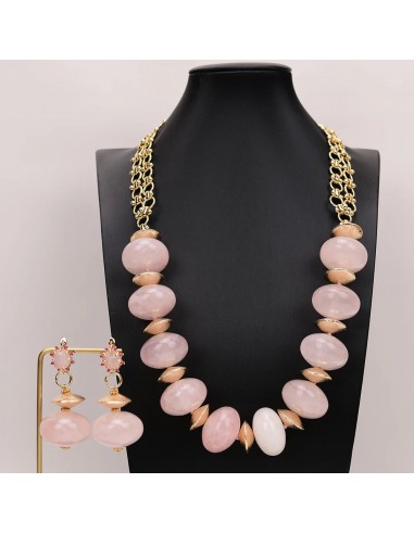 Gold Plated 25'' Natural Rose Quartz Rondelle Beads Necklace & Earrings Set for Lady Paris Déstockage Promo