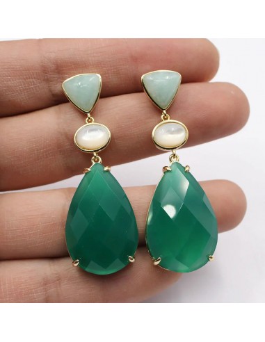 Sterling Silver Natural White Shell Aventurine Green Agate Teardrop Dangle Stud Earrings for Women 2023