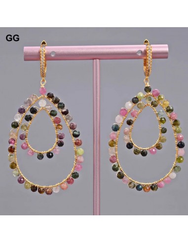 Sterling Silver Natural Teardrop Multi Color Tourmaline CZ Pave Lever Back Dangle Earrings for Women plus qu'un jeu 