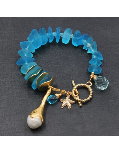 Gold Plated Blue Glass Quartz Keshi Pearl Bracelet with CZ Starfish Charms for Women Faites des économies