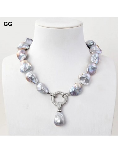 Sterling Silver Natural Gray Keshi Pearl Necklace with CZ Pendant for Women Pour