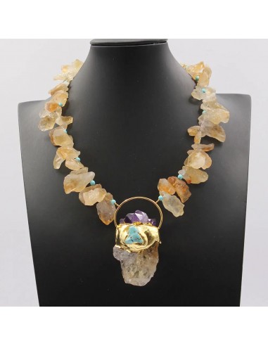 Gold Plated Natural Yellow Citrine Topaz Rough Nugget Necklace with Amethyst Turquoise Pendant for Women de votre