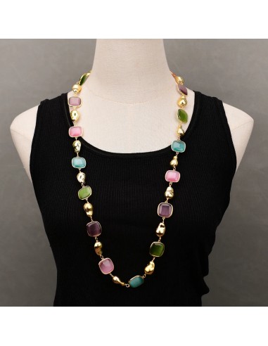 Yellow Gold Plated 35" Multi Color Cat Eye Square Brushed Beads Necklace for Women pas cher