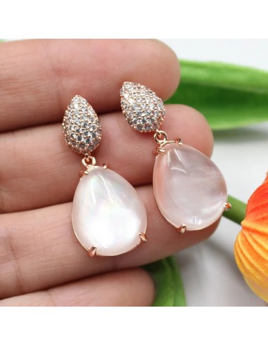 Sterling Silver Pink Quartz Crystal and Shell Cubic Zirconia Pave Dangle Earrings for Women outlet