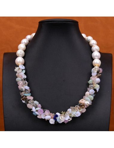 Silver Natural Mix Gems Stone Cultured Big White Keshi Pearl Choker Necklace for Women Fin de série