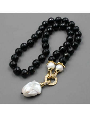 Silver Natural Black Onyx and White Keshi Pearl Necklace for Women en linge