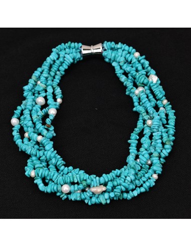 Sterling Silver Cultured White Pearl and Turquoise Stone Necklace for Lady Paris Déstockage Promo