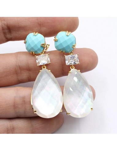 Silver Blue Crystal Clear Cubic Zirconia White Teardrop Shell Mother of Pearl Dangle Earrings for Women le des métaux précieux