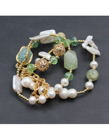 Gold Plated Natural White Pearl & Green Amazonite Crystal Long Necklace for Women chez Cornerstreet bien 