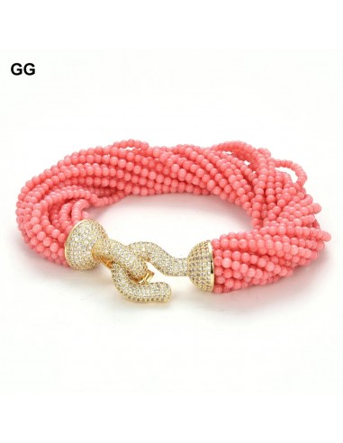 Gold-plated Pink Coral Smooth Beads Bracelet with CZ Pave Clasp for Women shop