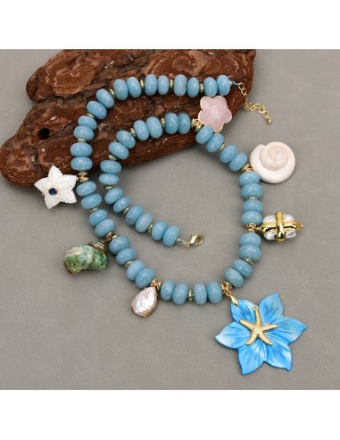 Natural Blue Jade Quartz and White Pearl Multi Shell Stone Pendant Necklace for Women prix pour 