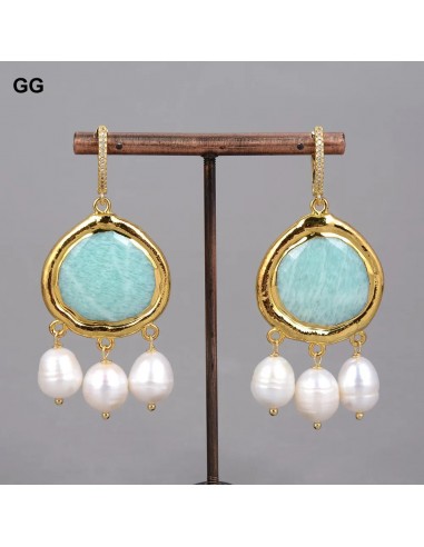 Silver Amazonite and Rice Pearl Dangle Earrings for Women vous aussi creer 