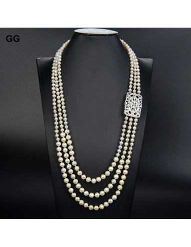 Silver or Gold Plated 3 Strand Natural White Pearl CZ Connector Long Necklace For Lady le concept de la Pate a emporter 