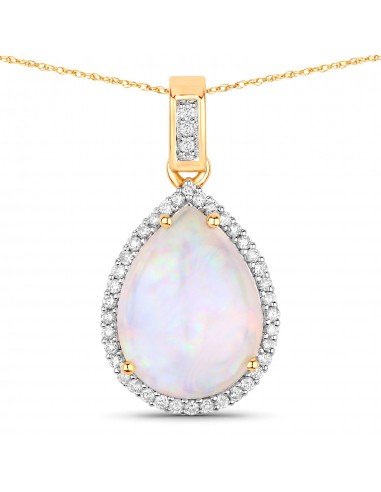 4.10 Carat Genuine Ethiopian Opal and White Diamond 14K Yellow Gold Pendant votre