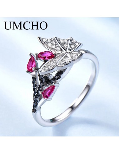 Sterling Silver Black Spinel & Ruby Butterfly Ring for Women destockage