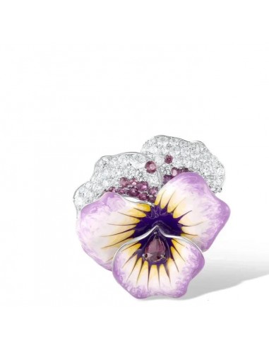 925 Sterling Silver Brooch with Handmade Enamel and Created Purple Delicate Pansy Pour