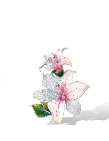 925 Sterling Silver Sparkling White CZ Pink Sapphire Lili Flower Brooch with Enamel brillant des détails fins