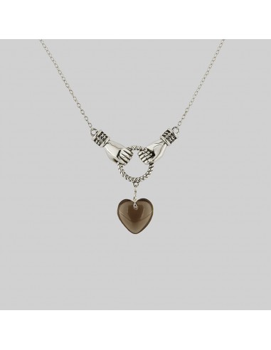 UNITE. Hand Grasping Smoke-Black Glass Heart Necklace - Silver prix