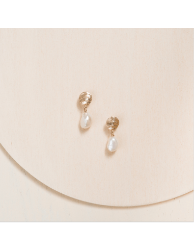 Boucles d'oreilles fossiles avec perle baroque - Ivoire - Argent sterling ou Or 14k prix pour 